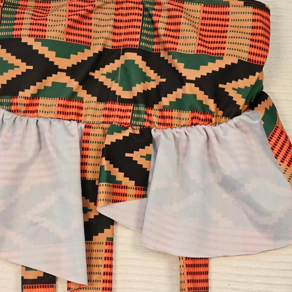 Zeronmeter Geometric‎ Tribal Print Ruffle Swim Skirt Cover Up Orange Green Small